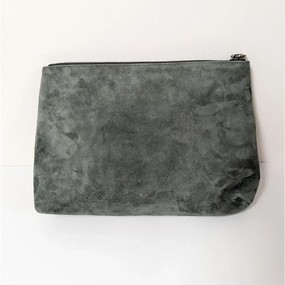 Brunello Cucinelli Green Suede Leather Pouch Cosmetic Bag Rare Womens Zipper